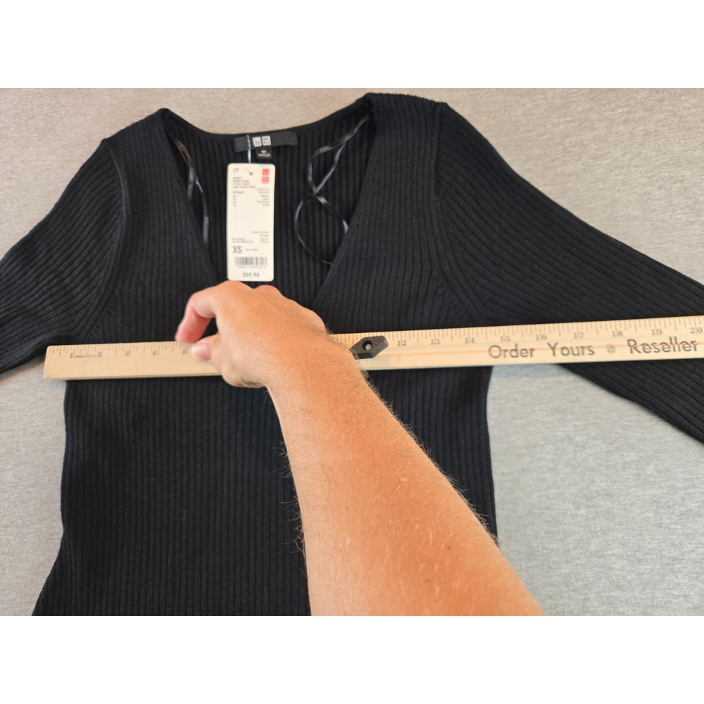 NWT Uniqlo Dress XS Black Merino Blend V Neck‎ Fitted Long Sleeve Ribbed Minimal - Picture 8 of 10